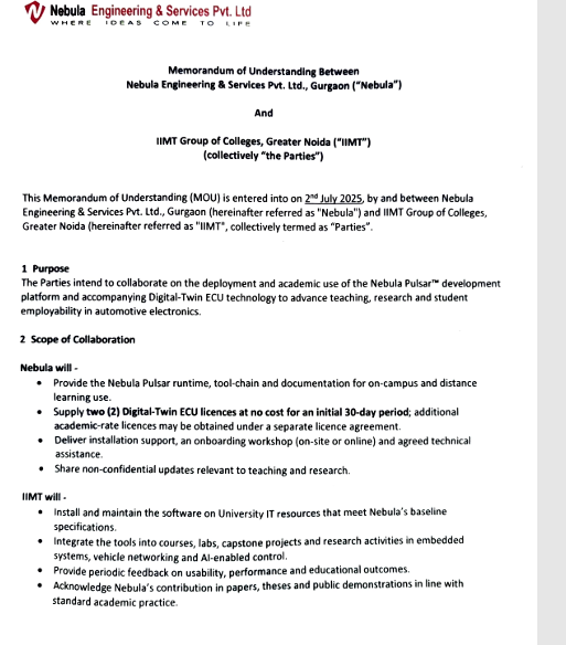 Memorandum of Understanding signed between Nebula Engineering & Services Pvt. Ltd., Gurgaon & IIMT G